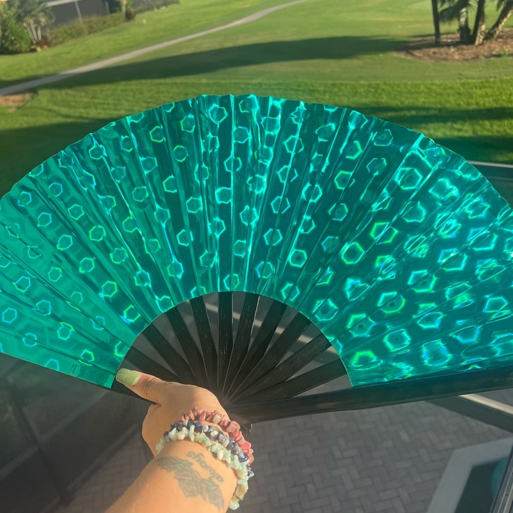 Green Holographic Peacock Design Rave Foldable Fan for Edm, Music Festival, EDC - Picture 2 of 3